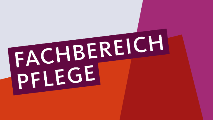 Text: Fachbreich Pflege. Grafische Eckenelemente mit den Fachbereichsfarben pink, dunkellila und einem Rot, das für die Akademie verwendet wird.
